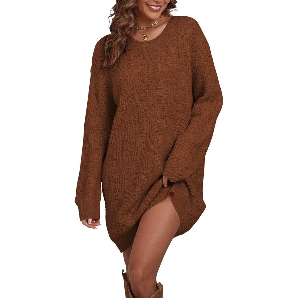 Womens Checkered Oversized Sweater Dress Long Pullover Casual Knit Fall Winter